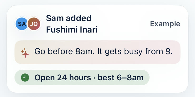 An example OffYaGo tip for Fushimi Inari: go before 8am, it gets busy from 9. Open 24 hours, best 6 to 8am.